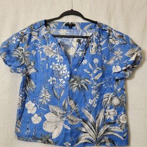 J. CREW Open V-Neck Top Linen Ratti Tropical Toile Print Blue‎ Size S Officecore